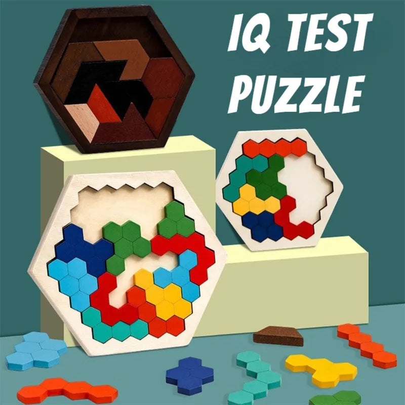 3D Hexagonal Wooden Puzzles Educational Toys For Children Kids Preschool Tangram Board Brain IQ Test Game Montessori Toys Gifts Bricoltime
